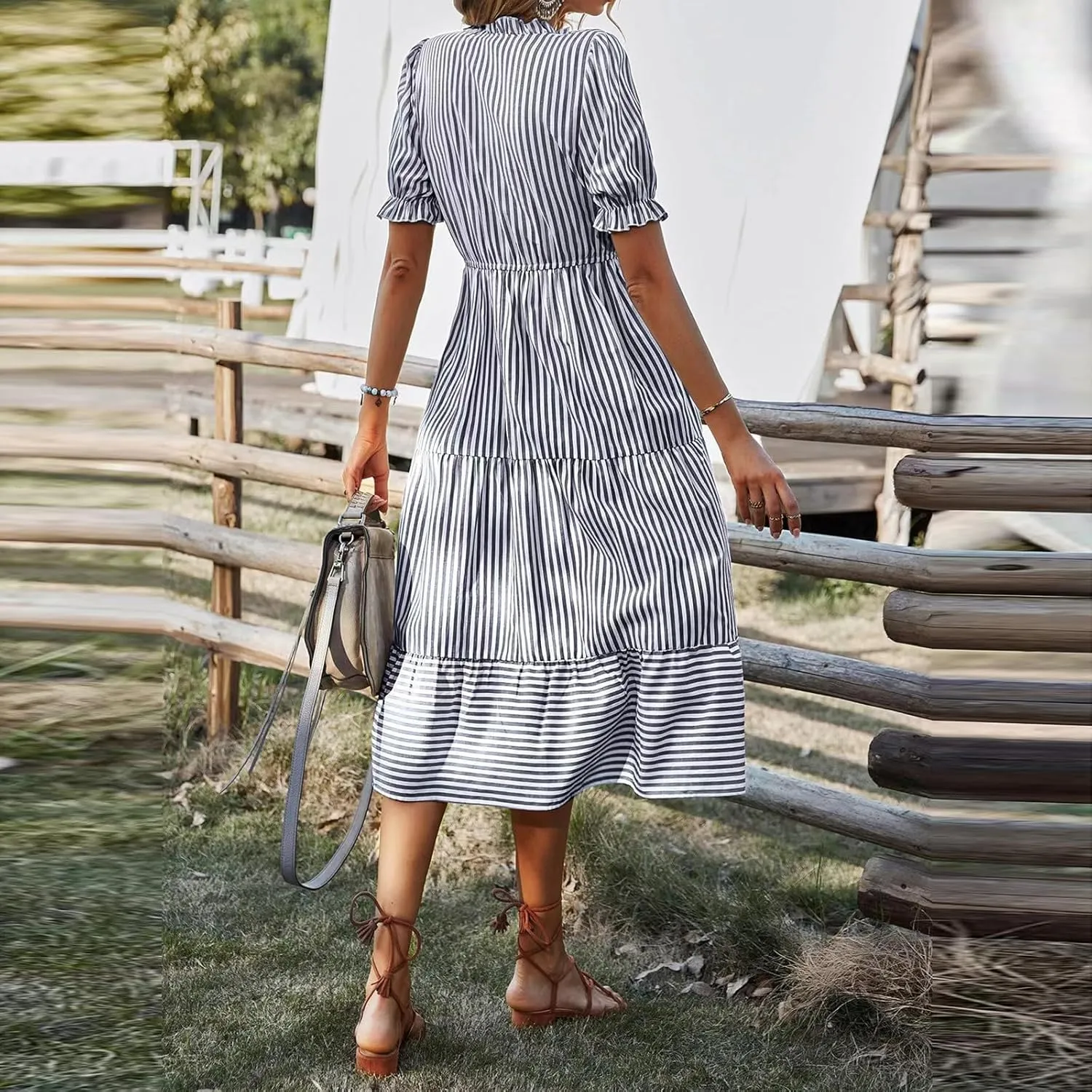 Women's Plaid Button Down Shirt Dress Long Sleeve Gingham Swing Dresses Stand Collar Knee Length Ruffle Mini Dress