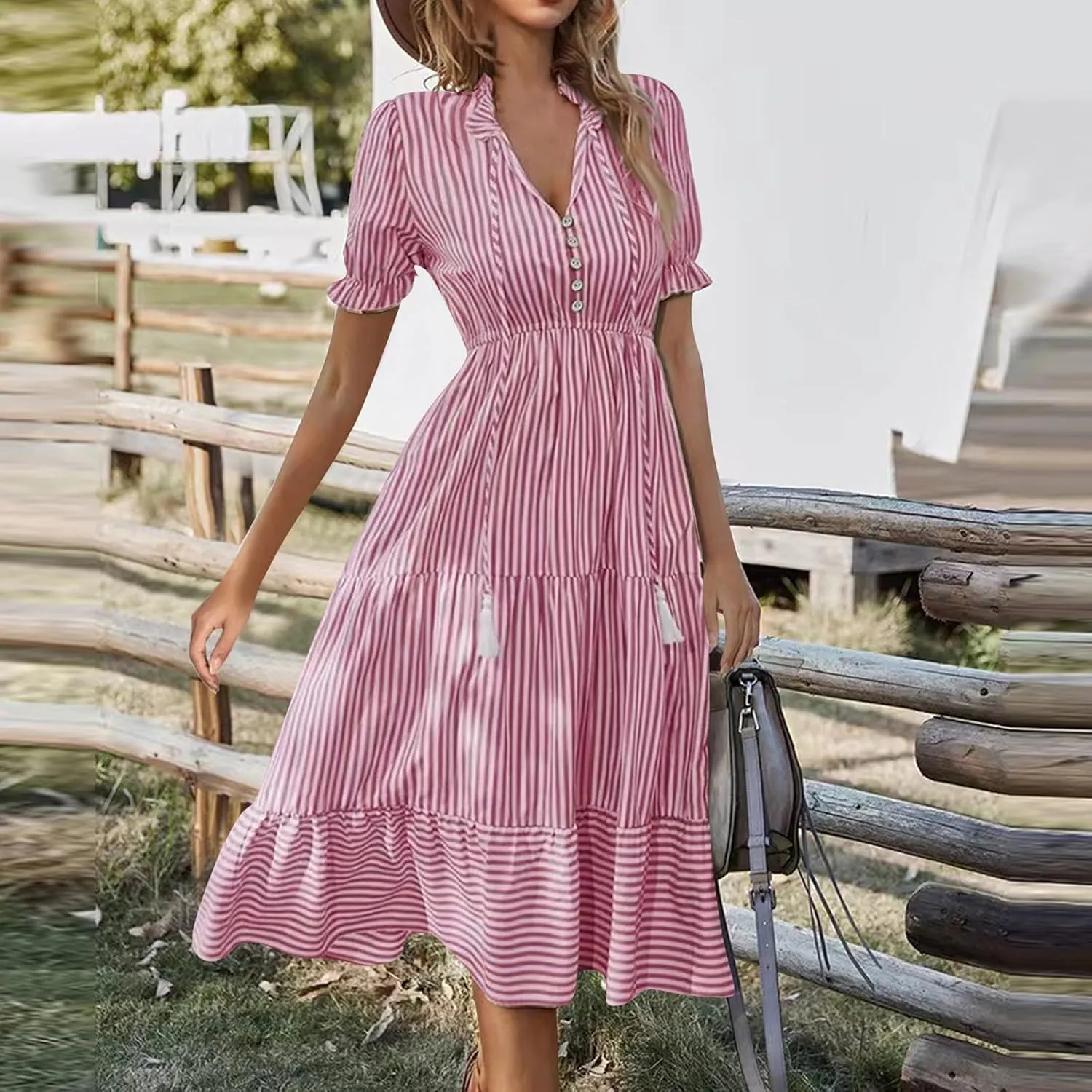 Women's Plaid Button Down Shirt Dress Long Sleeve Gingham Swing Dresses Stand Collar Knee Length Ruffle Mini Dress