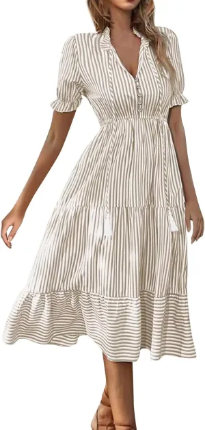 Women's Plaid Button Down Shirt Dress Long Sleeve Gingham Swing Dresses Stand Collar Knee Length Ruffle Mini Dress