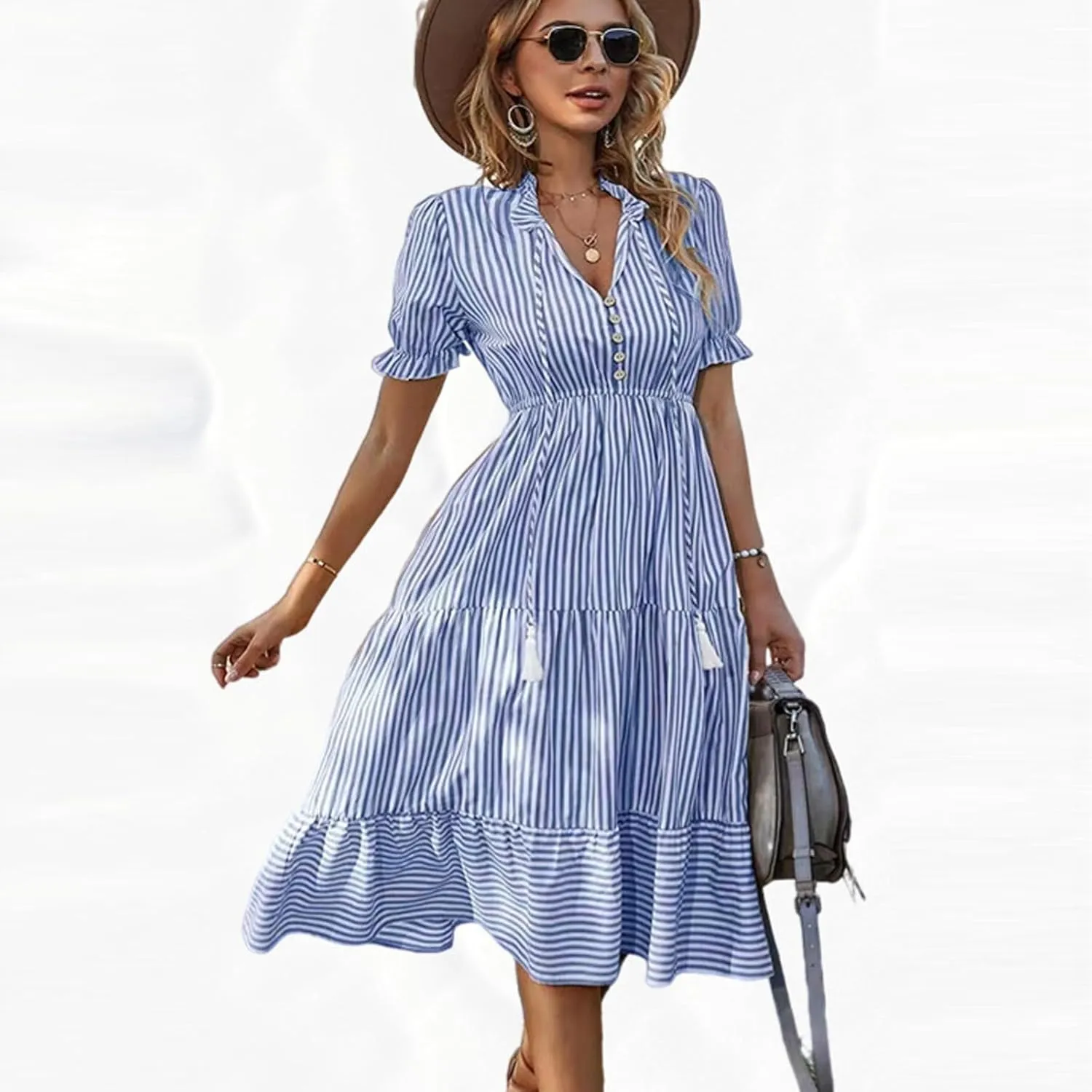 Women's Plaid Button Down Shirt Dress Long Sleeve Gingham Swing Dresses Stand Collar Knee Length Ruffle Mini Dress
