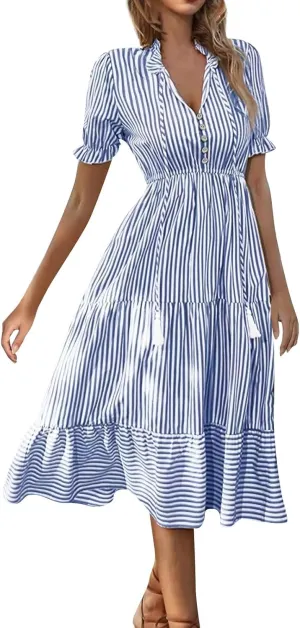Women's Plaid Button Down Shirt Dress Long Sleeve Gingham Swing Dresses Stand Collar Knee Length Ruffle Mini Dress