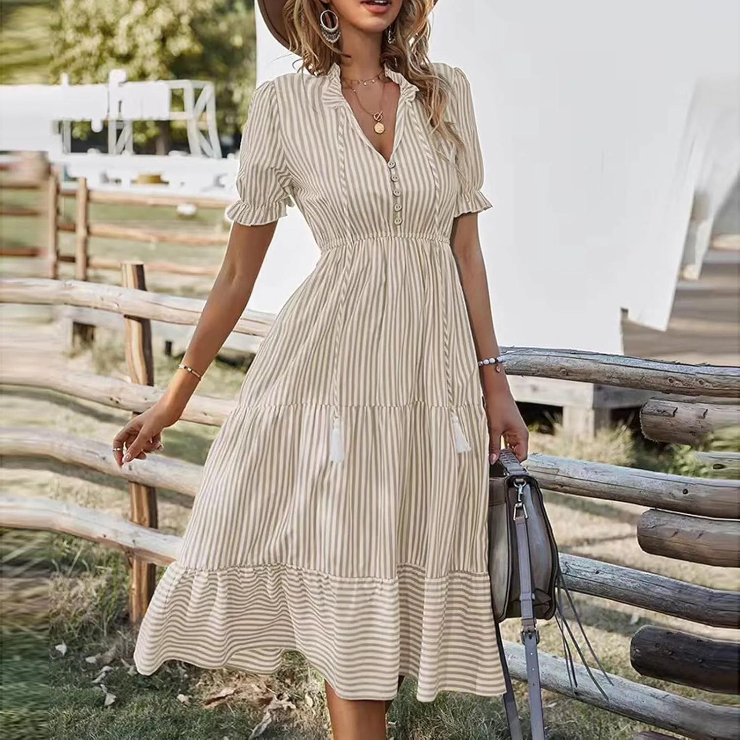 Women's Plaid Button Down Shirt Dress Long Sleeve Gingham Swing Dresses Stand Collar Knee Length Ruffle Mini Dress