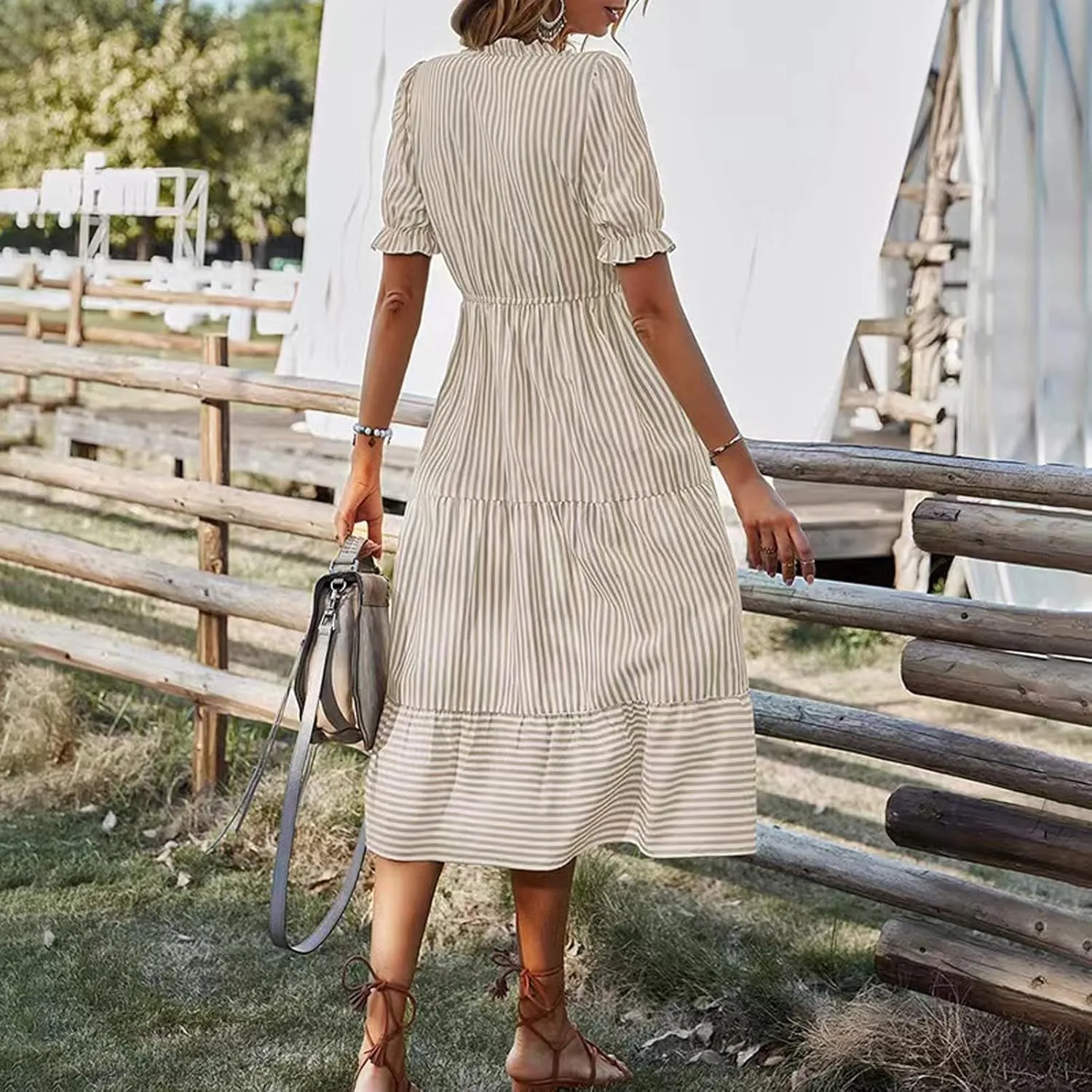 Women's Plaid Button Down Shirt Dress Long Sleeve Gingham Swing Dresses Stand Collar Knee Length Ruffle Mini Dress