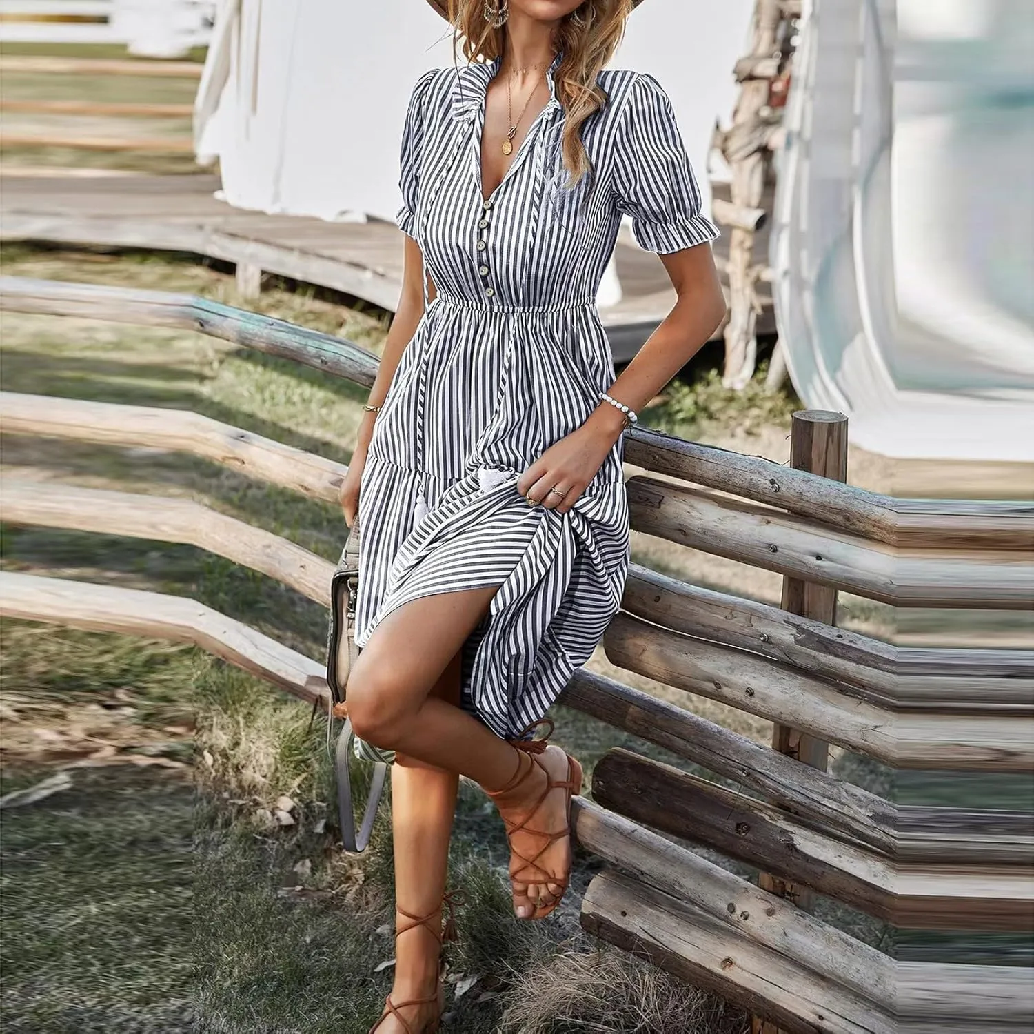 Women's Plaid Button Down Shirt Dress Long Sleeve Gingham Swing Dresses Stand Collar Knee Length Ruffle Mini Dress
