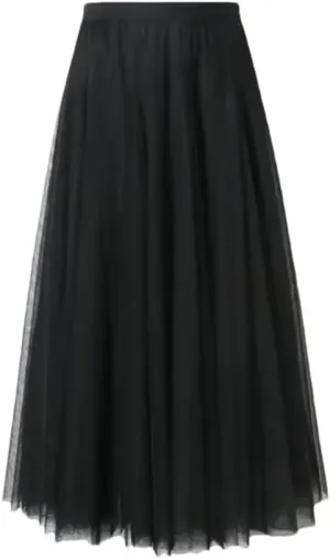 Women's Pleated Skirts Mesh Elastic High Waist Solid Color Loose A-Line Casual Skirt