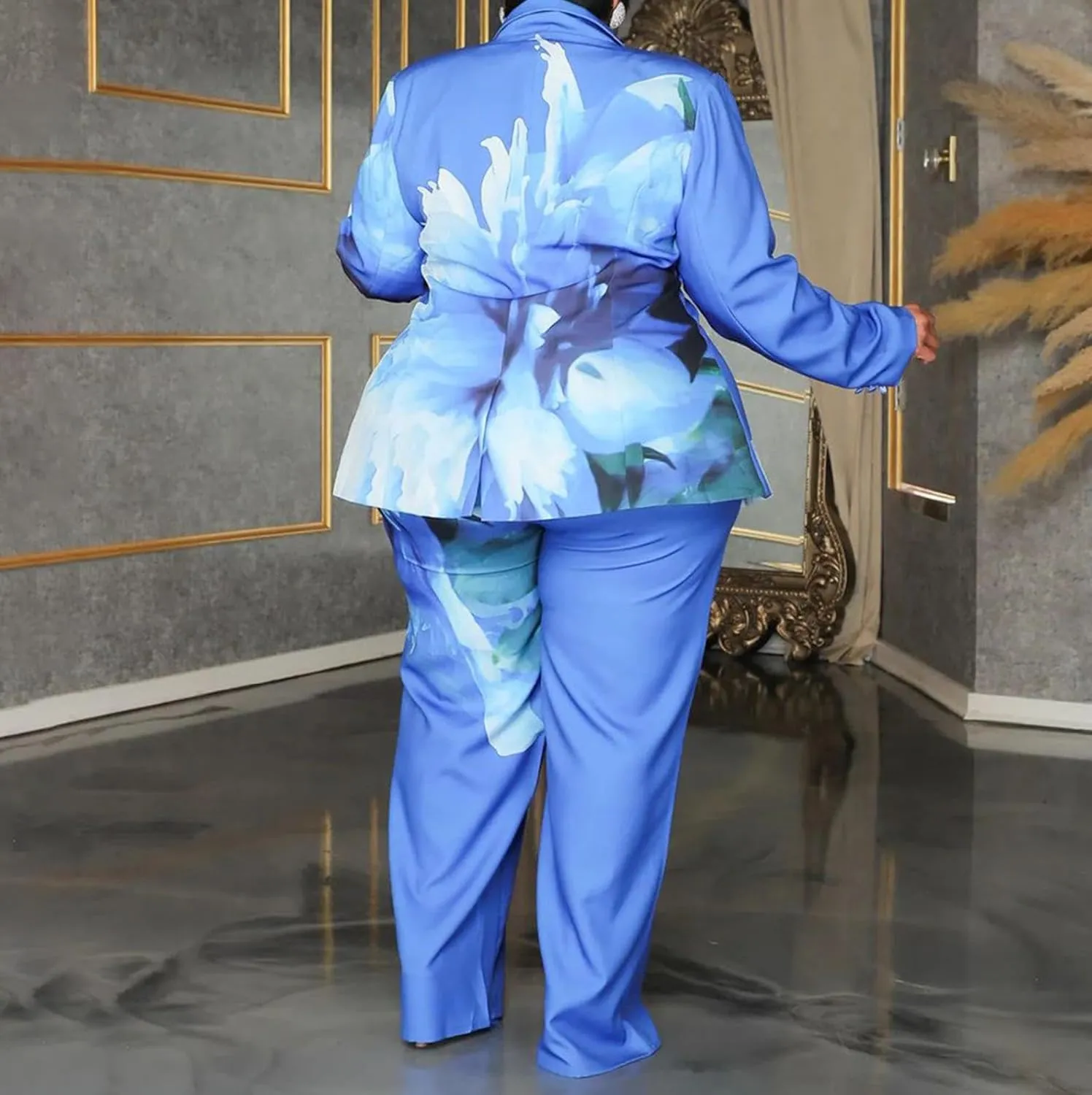Women's Plus Size 2 Piece Floral Printed Outfits Soft Lightweight Open Front Long Sleeve Blazer Pants Suit Sets