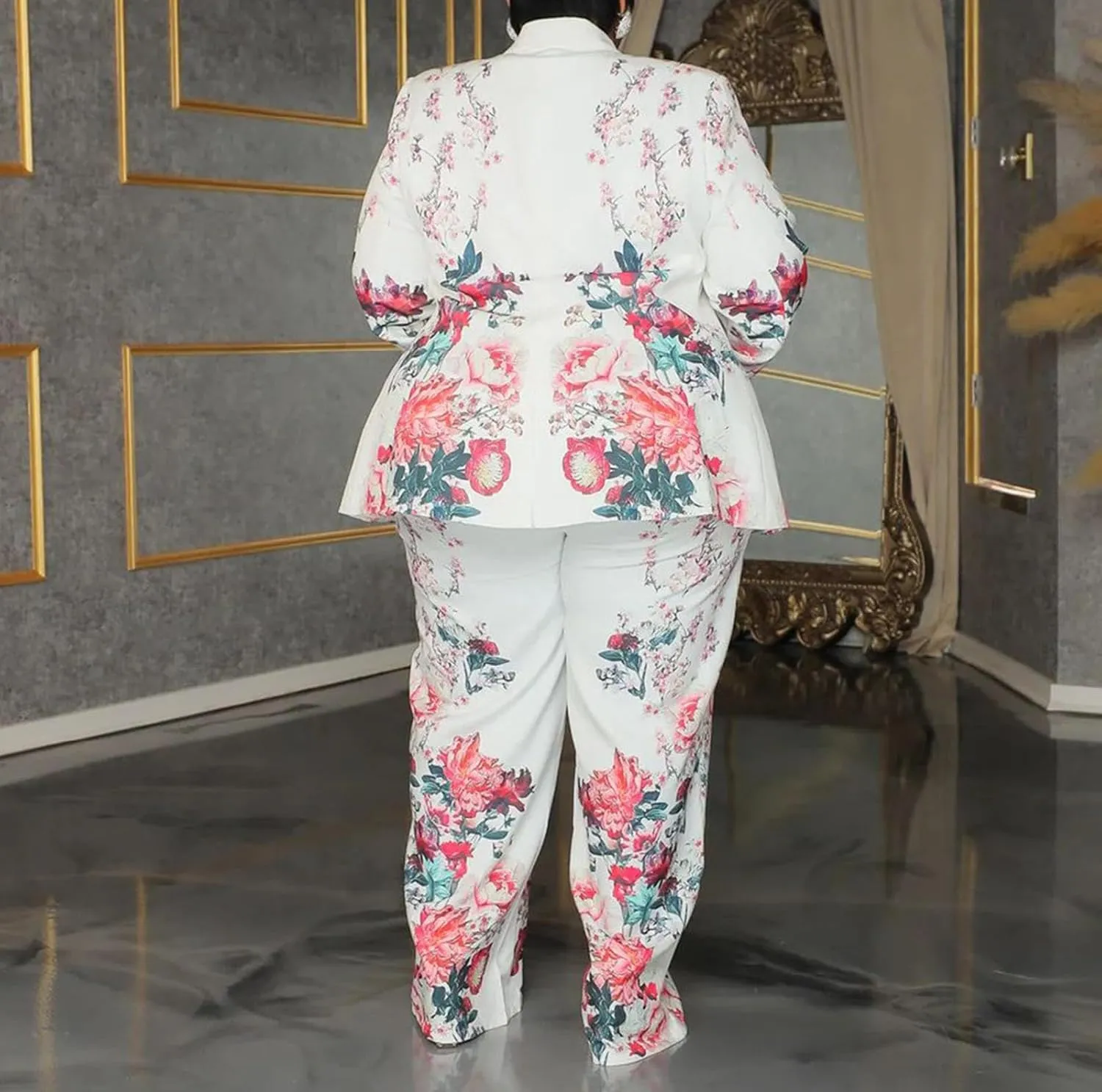 Women's Plus Size 2 Piece Floral Printed Outfits Soft Lightweight Open Front Long Sleeve Blazer Pants Suit Sets