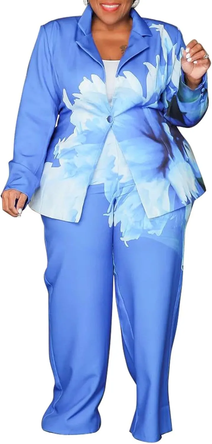 Women's Plus Size 2 Piece Floral Printed Outfits Soft Lightweight Open Front Long Sleeve Blazer Pants Suit Sets