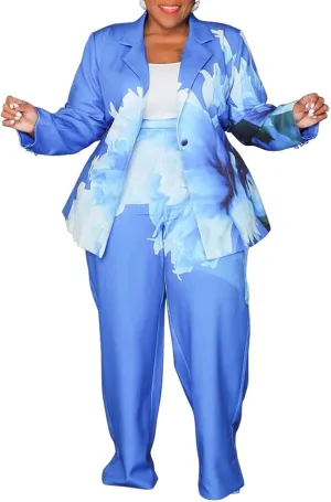 Women's Plus Size 2 Piece Floral Printed Outfits Soft Lightweight Open Front Long Sleeve Blazer Pants Suit Sets
