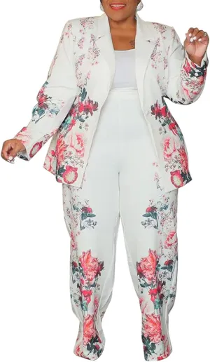 Women's Plus Size 2 Piece Floral Printed Outfits Soft Lightweight Open Front Long Sleeve Blazer Pants Suit Sets