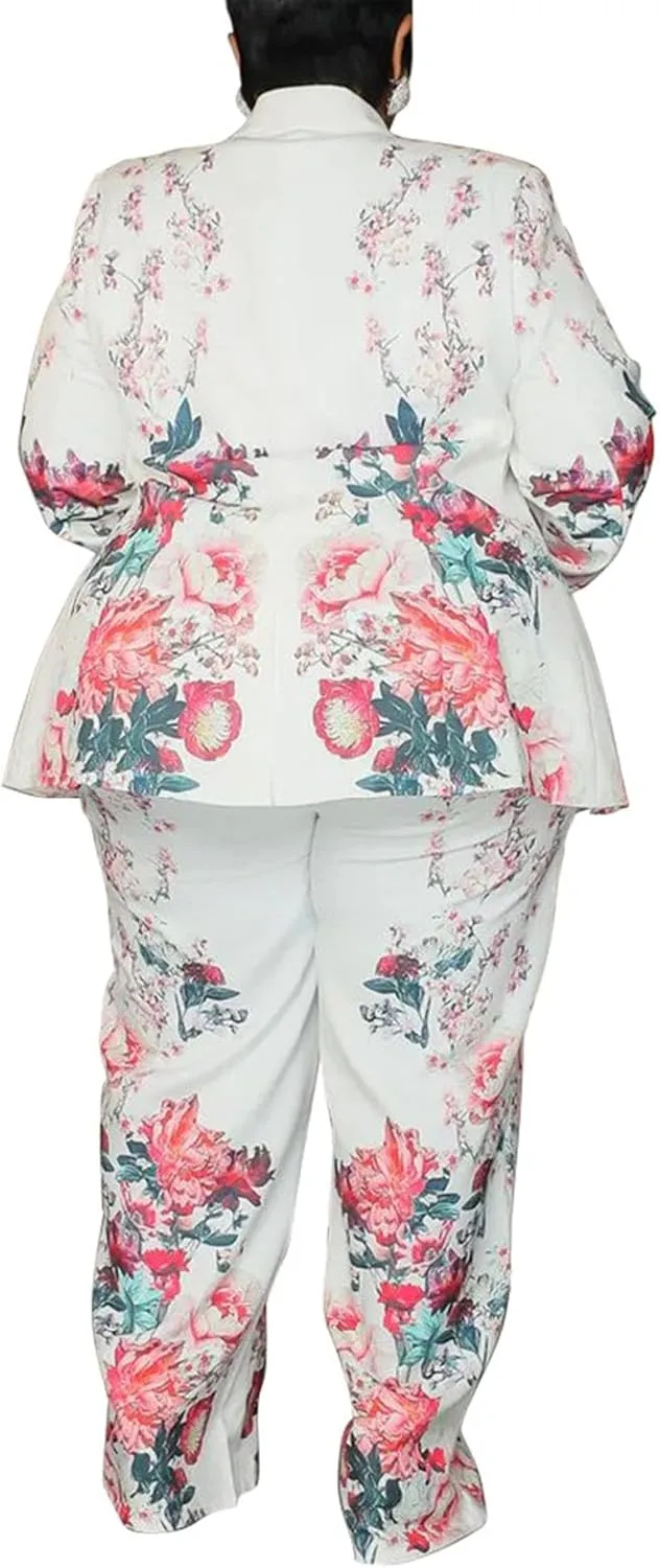 Women's Plus Size 2 Piece Floral Printed Outfits Soft Lightweight Open Front Long Sleeve Blazer Pants Suit Sets