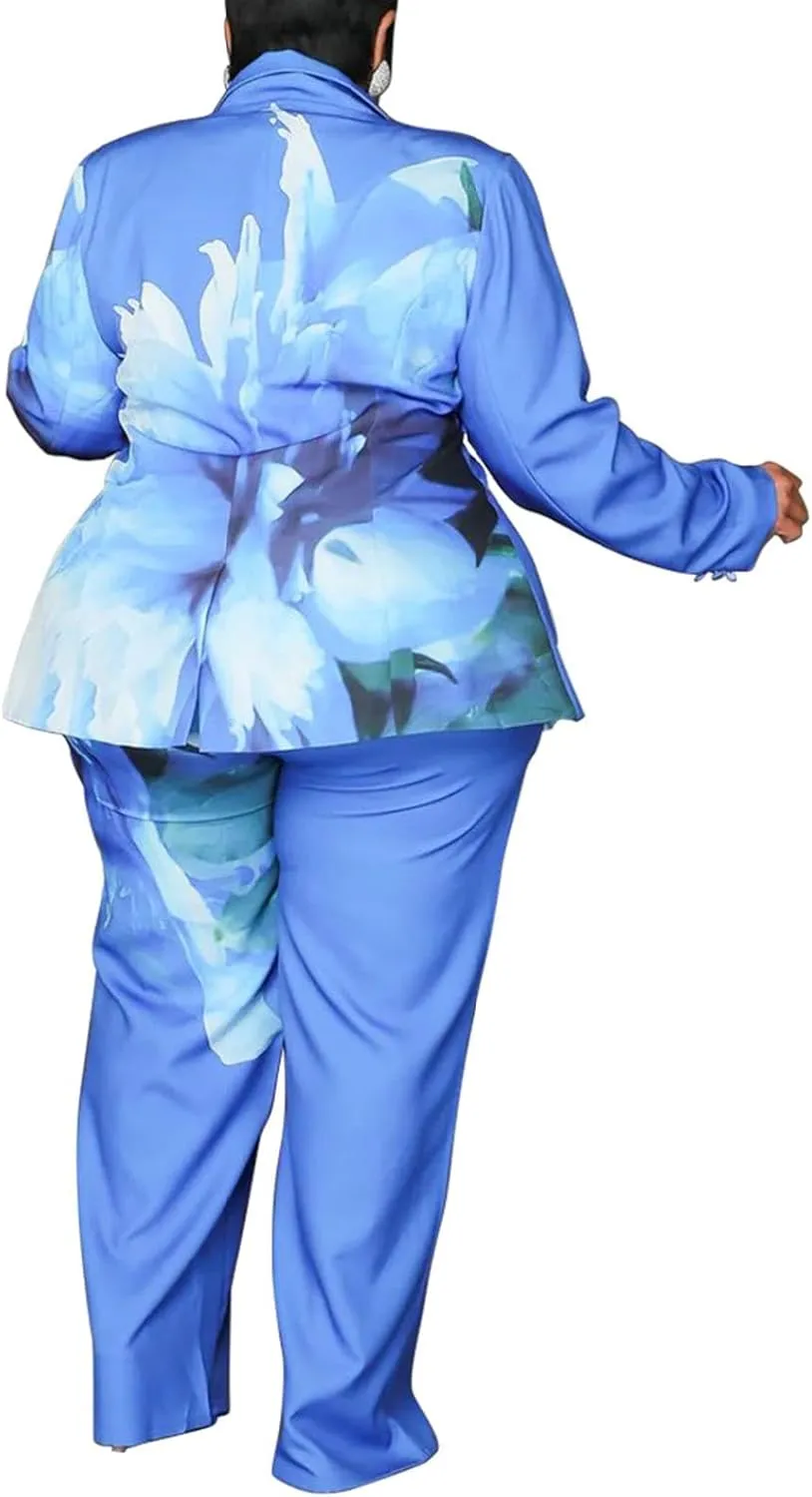 Women's Plus Size 2 Piece Floral Printed Outfits Soft Lightweight Open Front Long Sleeve Blazer Pants Suit Sets