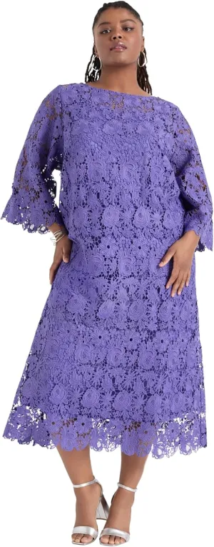 Women's Plus Size Bell-Sleeve Lace Midi Dress