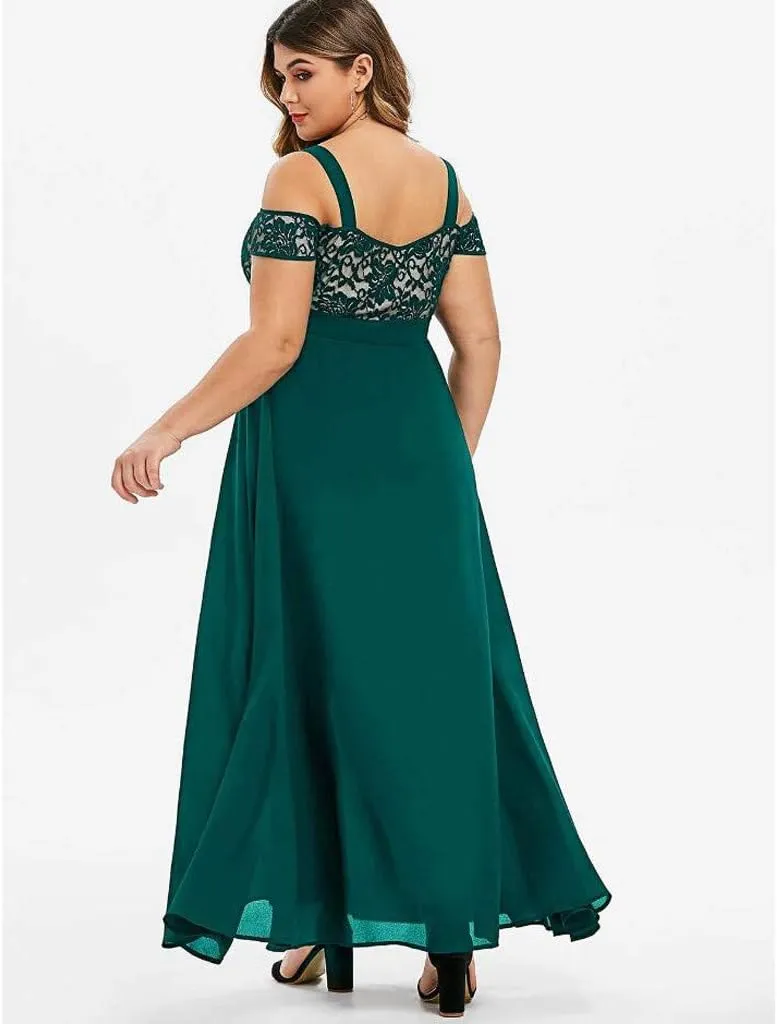 Women's Plus Size Cold Shoulder Maxi Dress Elegant Floral Lace Flowy Casual Daily Party Cocktail Dress Long Dresses