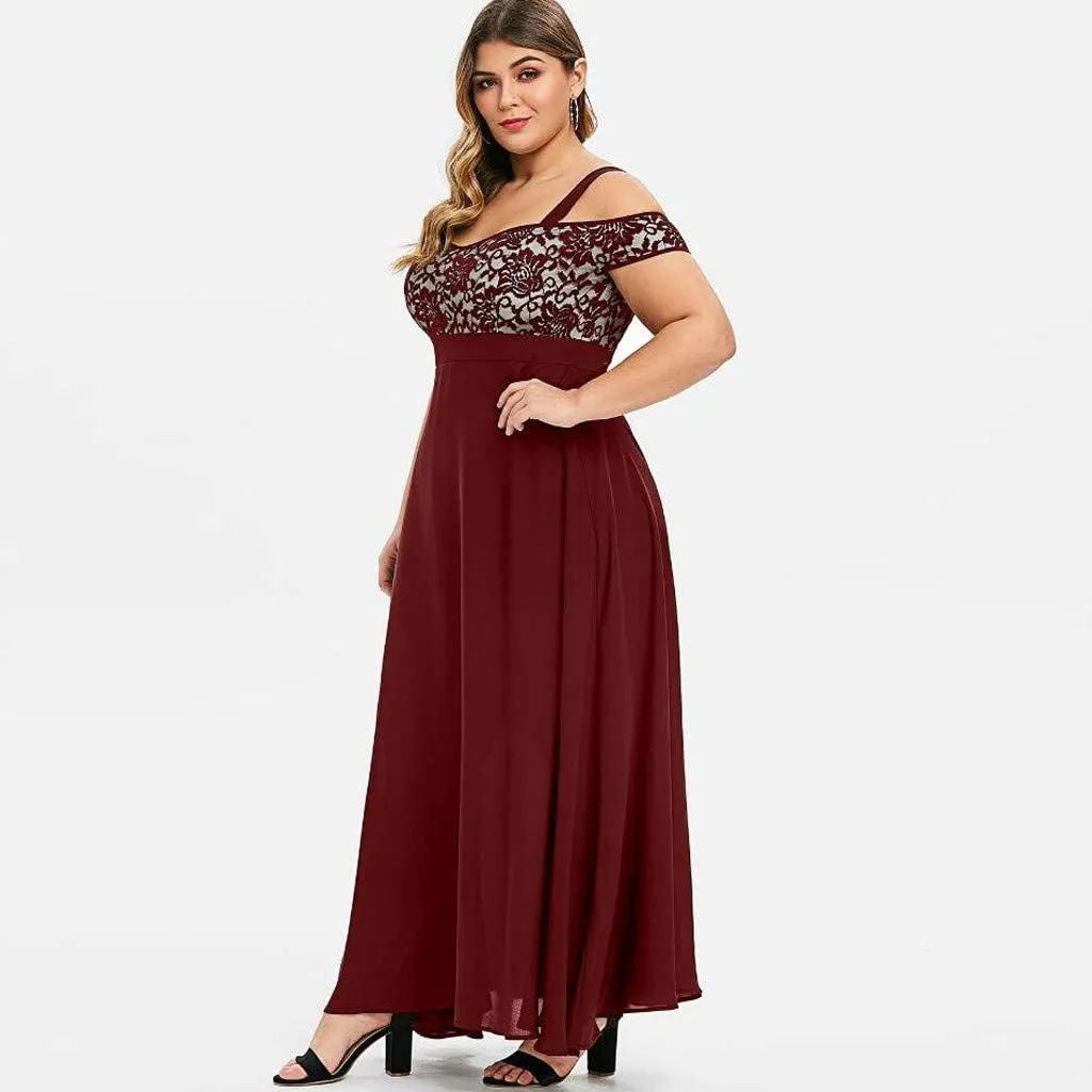 Women's Plus Size Cold Shoulder Maxi Dress Elegant Floral Lace Flowy Casual Daily Party Cocktail Dress Long Dresses