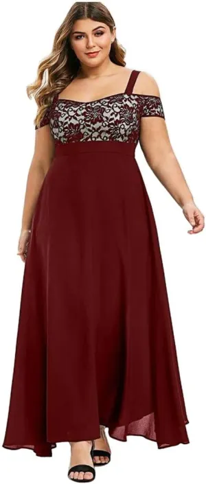 Women's Plus Size Cold Shoulder Maxi Dress Elegant Floral Lace Flowy Casual Daily Party Cocktail Dress Long Dresses