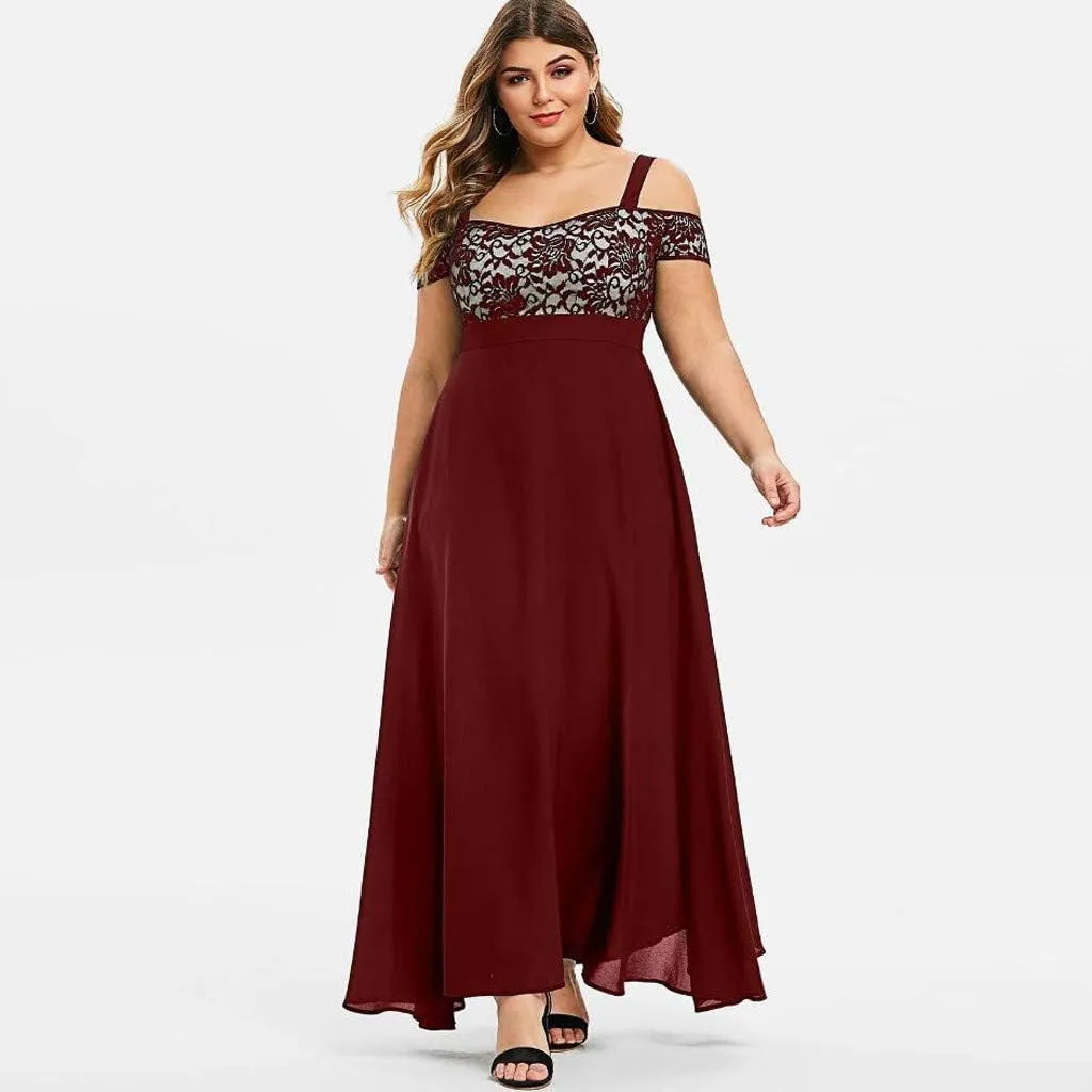 Women's Plus Size Cold Shoulder Maxi Dress Elegant Floral Lace Flowy Casual Daily Party Cocktail Dress Long Dresses