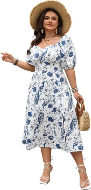 Womens Plus Size Floral Midi Dress, Vintage Smocked Bodice Puff Sleeves Flared Hemline Dresses