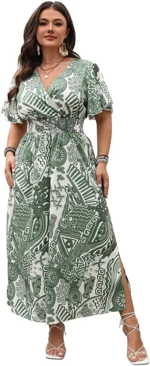 Womens Plus Size Floral Midi Dress, Vintage Smocked Bodice Puff Sleeves Flared Hemline Dresses