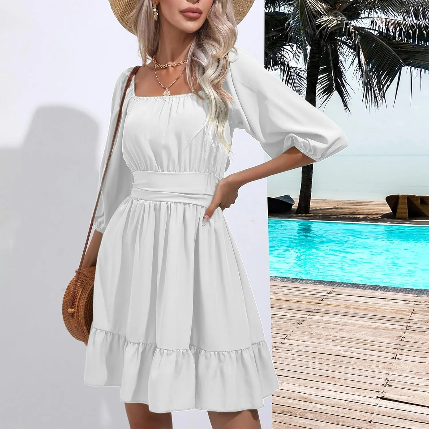 Womens Puff Short Sleeve Mini Dress Square Neck High Waist Ruffle Hem Flowy Party A Line Knee Length Bohemian Dresses