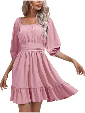 Womens Puff Short Sleeve Mini Dress Square Neck High Waist Ruffle Hem Flowy Party A Line Knee Length Bohemian Dresses