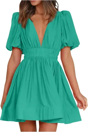 Womens Puff Short Sleeve Mini Dress Square Neck High Waist Ruffle Hem Flowy Party A Line Knee Length Bohemian Dresses