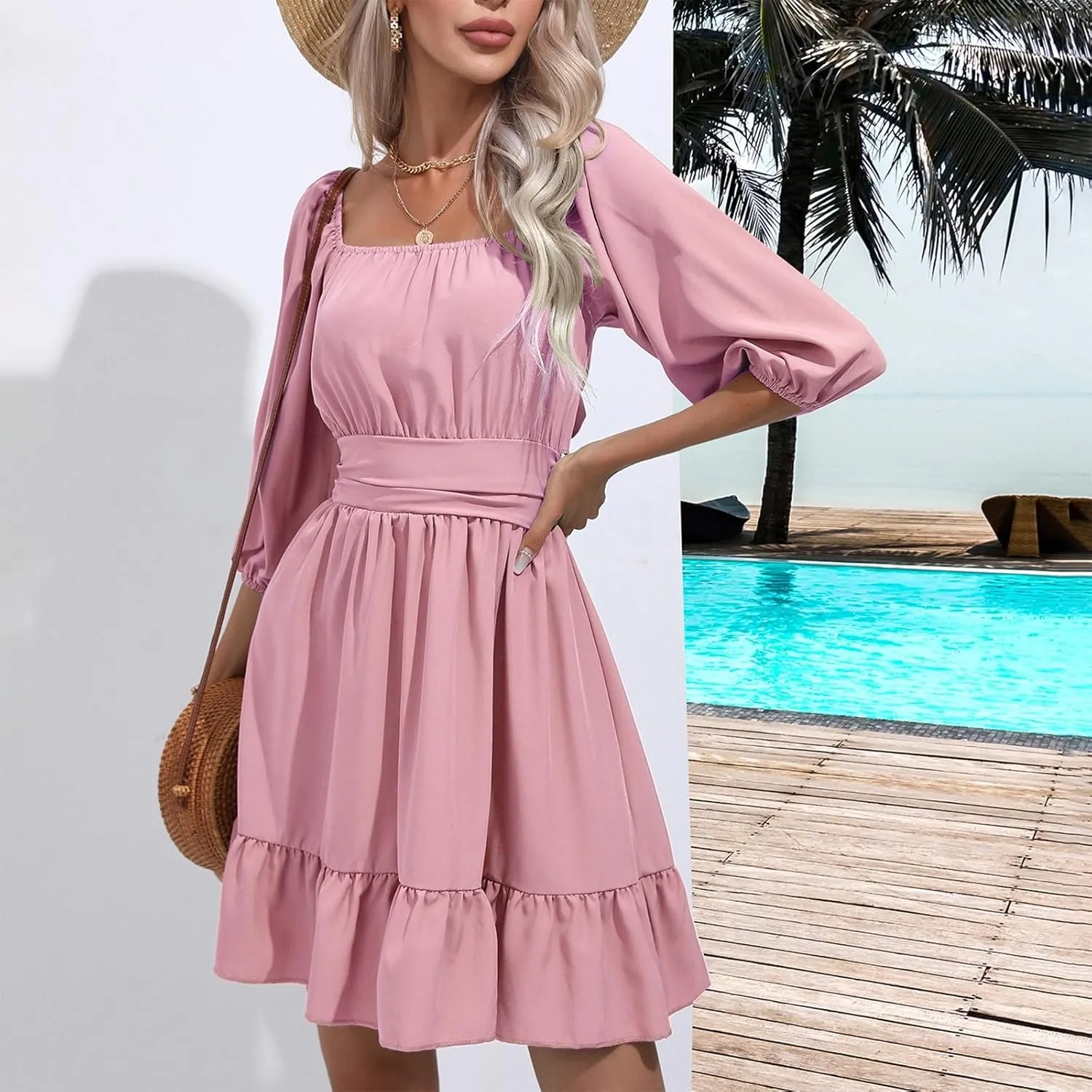 Womens Puff Short Sleeve Mini Dress Square Neck High Waist Ruffle Hem Flowy Party A Line Knee Length Bohemian Dresses