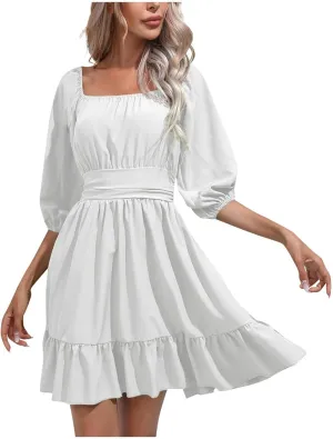 Womens Puff Short Sleeve Mini Dress Square Neck High Waist Ruffle Hem Flowy Party A Line Knee Length Bohemian Dresses