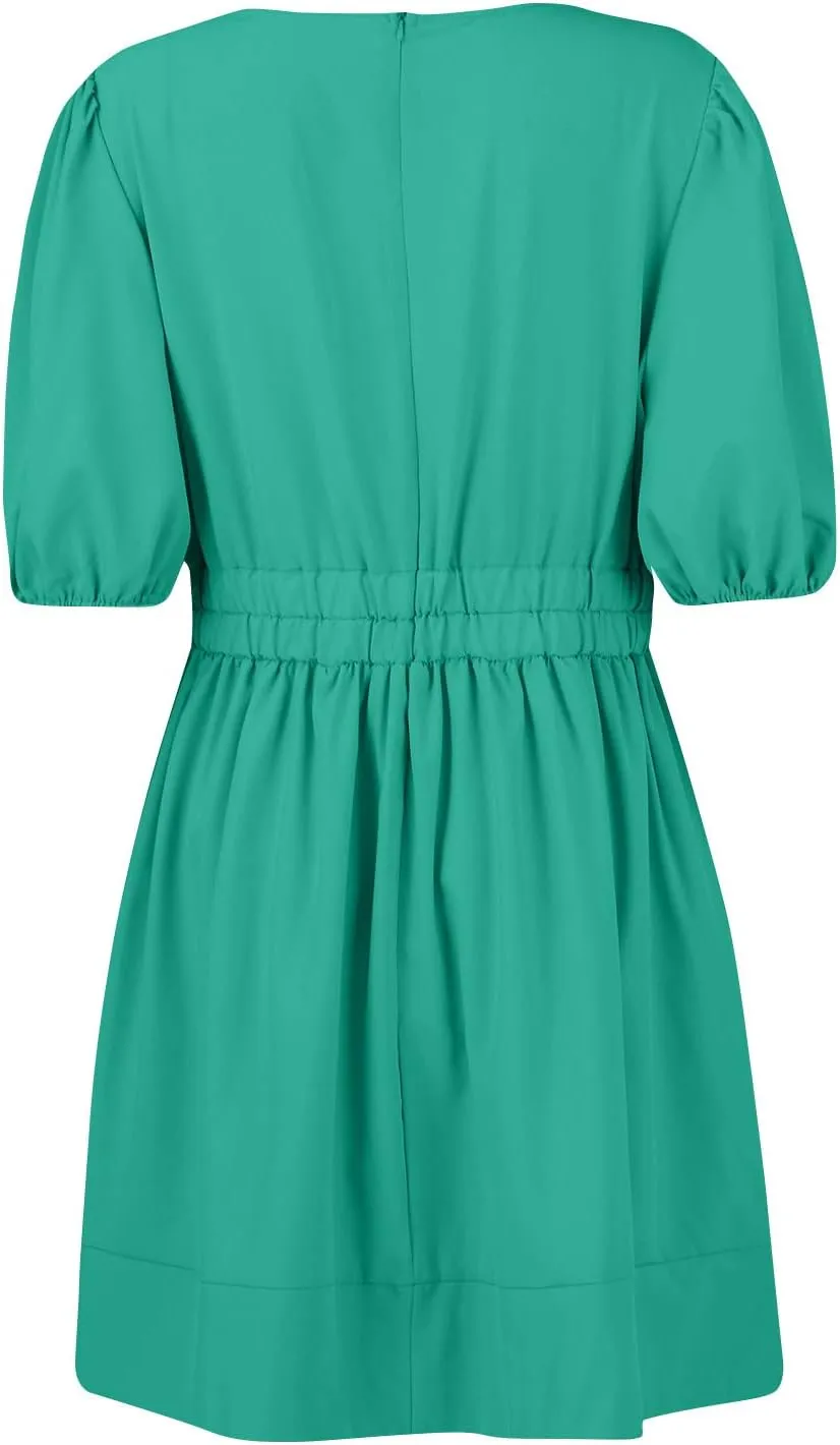 Womens Puff Short Sleeve Mini Dress Square Neck High Waist Ruffle Hem Flowy Party A Line Knee Length Bohemian Dresses