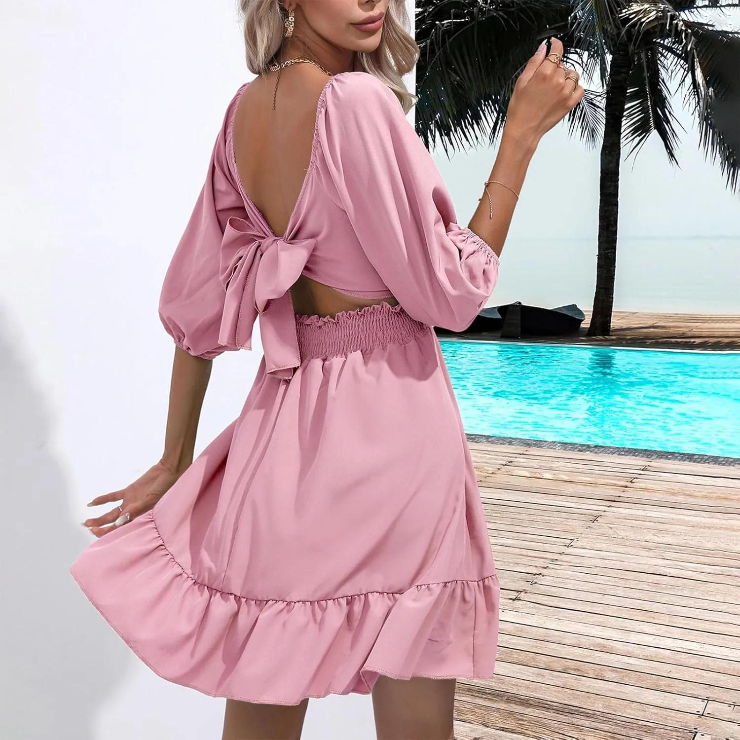 Womens Puff Short Sleeve Mini Dress Square Neck High Waist Ruffle Hem Flowy Party A Line Knee Length Bohemian Dresses
