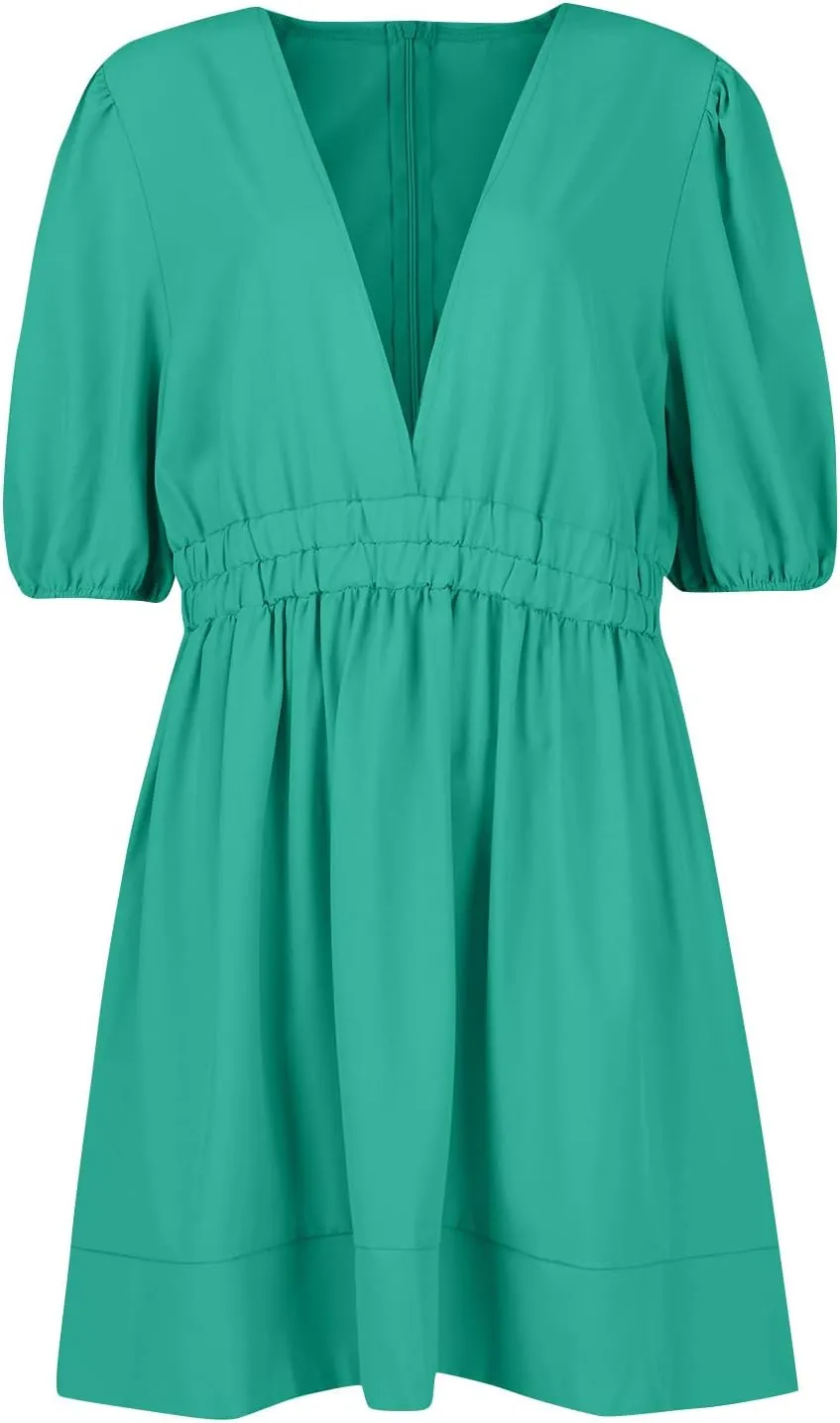 Womens Puff Short Sleeve Mini Dress Square Neck High Waist Ruffle Hem Flowy Party A Line Knee Length Bohemian Dresses