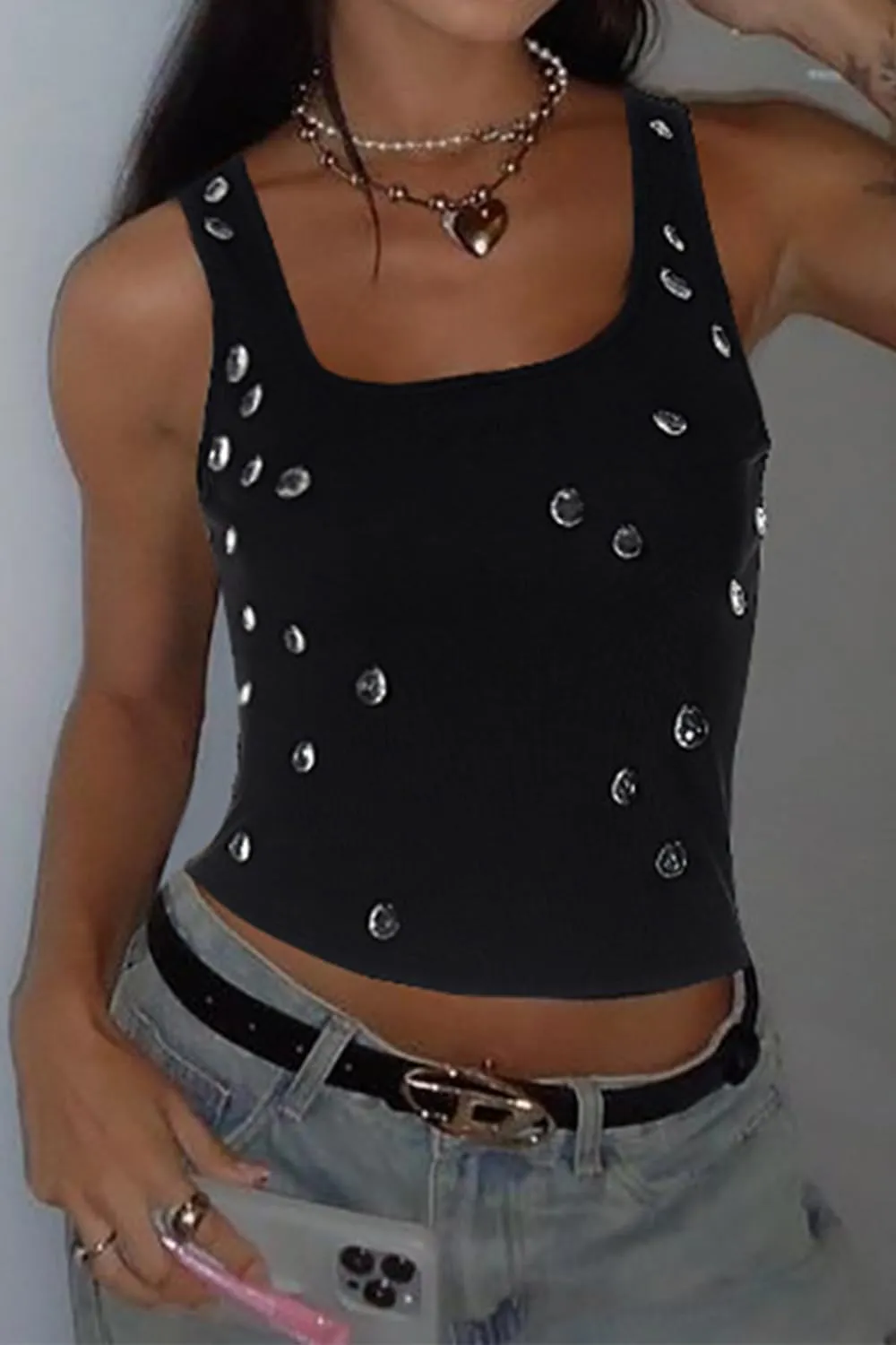 Womens Rhinestone Pearl Camisole Tank Top Crewneck Sleeveless Casual Slim Summer Cropped Shirts 2025