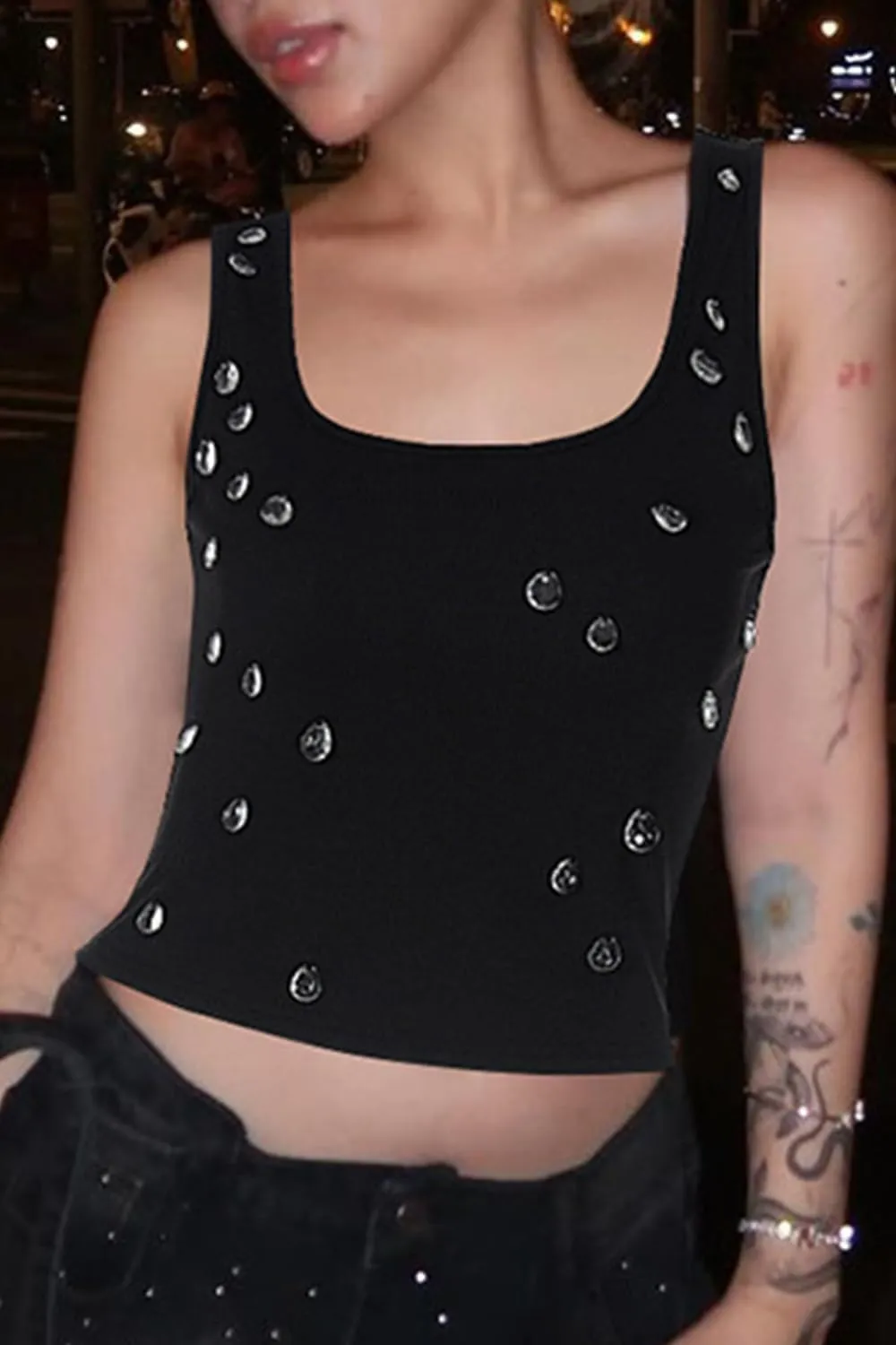Womens Rhinestone Pearl Camisole Tank Top Crewneck Sleeveless Casual Slim Summer Cropped Shirts 2025