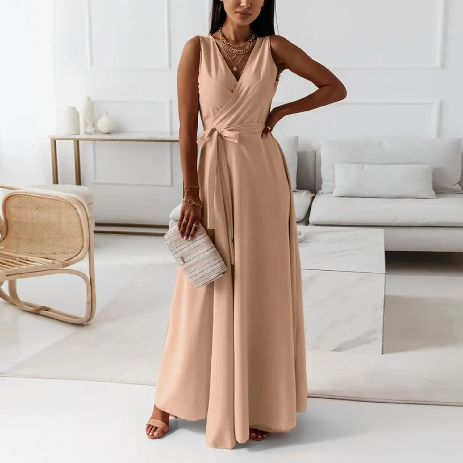 Women's Ruched Wrap V Neck Business Work Elegant Dress Sleeveless A Line Midi Ruched Church Dresses with Belt