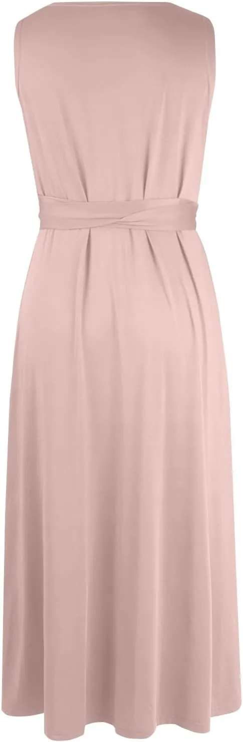 Women's Ruched Wrap V Neck Business Work Elegant Dress Sleeveless A Line Midi Ruched Church Dresses with Belt