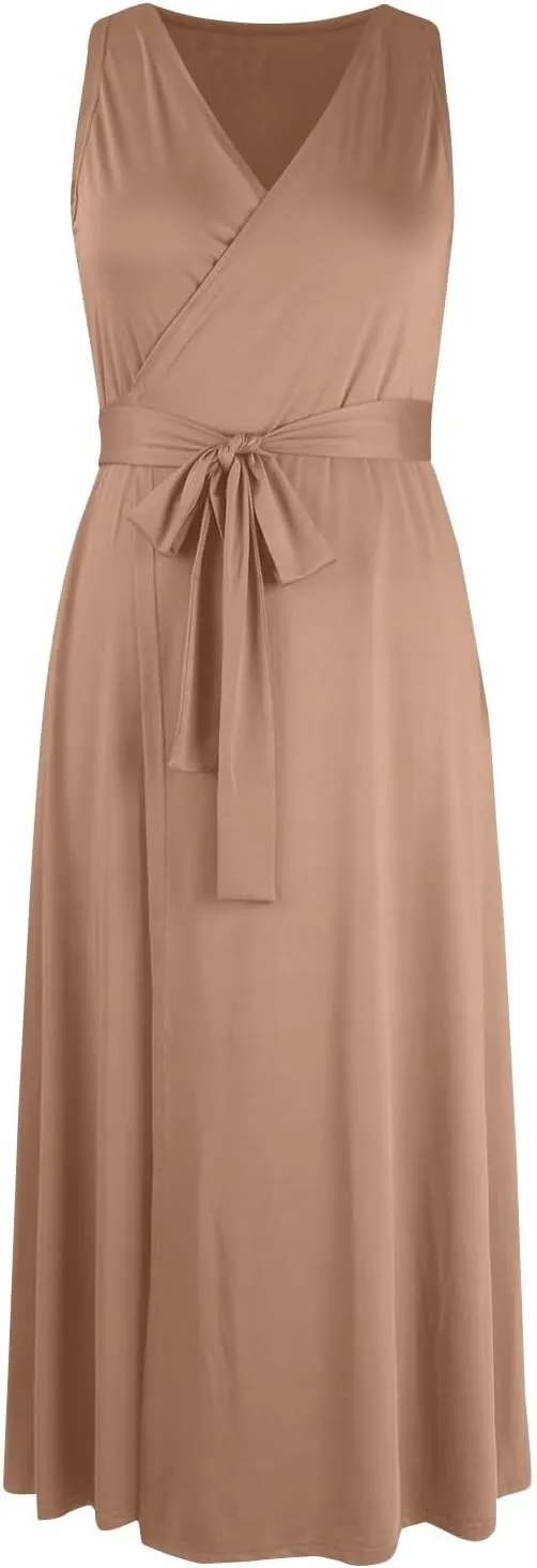 Women's Ruched Wrap V Neck Business Work Elegant Dress Sleeveless A Line Midi Ruched Church Dresses with Belt
