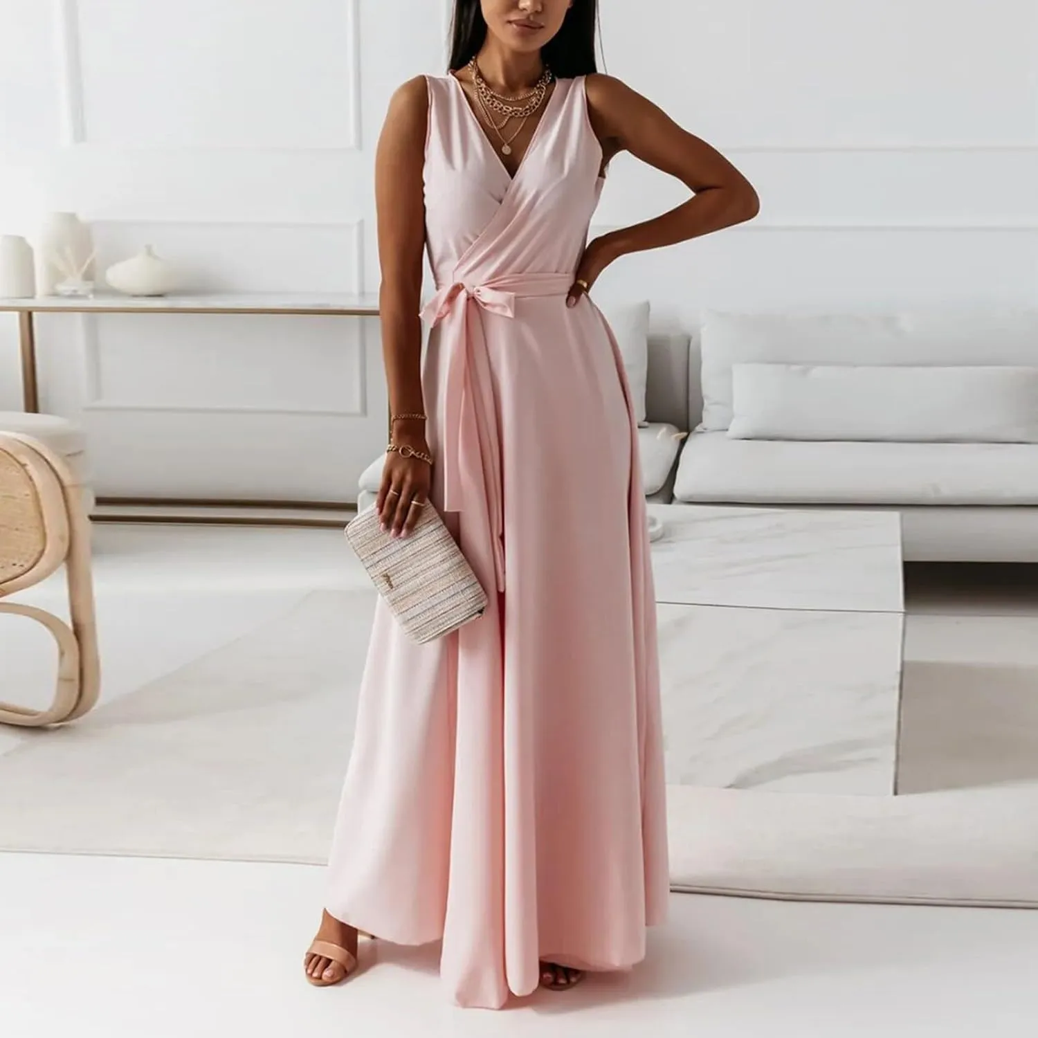 Women's Ruched Wrap V Neck Business Work Elegant Dress Sleeveless A Line Midi Ruched Church Dresses with Belt