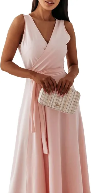 Women's Ruched Wrap V Neck Business Work Elegant Dress Sleeveless A Line Midi Ruched Church Dresses with Belt