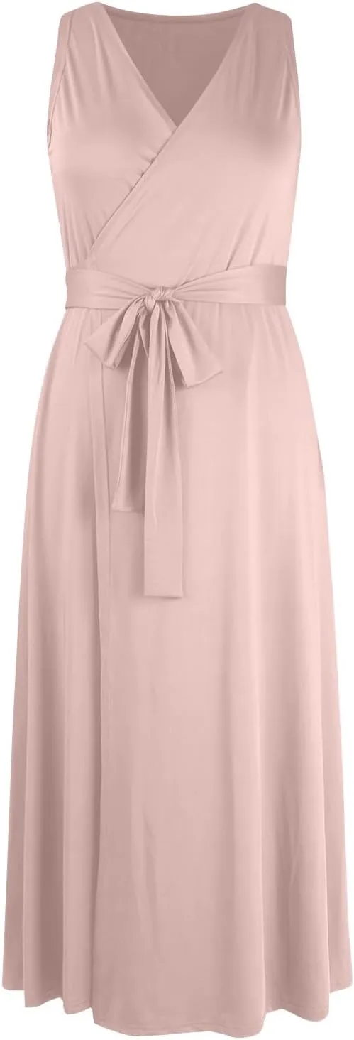 Women's Ruched Wrap V Neck Business Work Elegant Dress Sleeveless A Line Midi Ruched Church Dresses with Belt