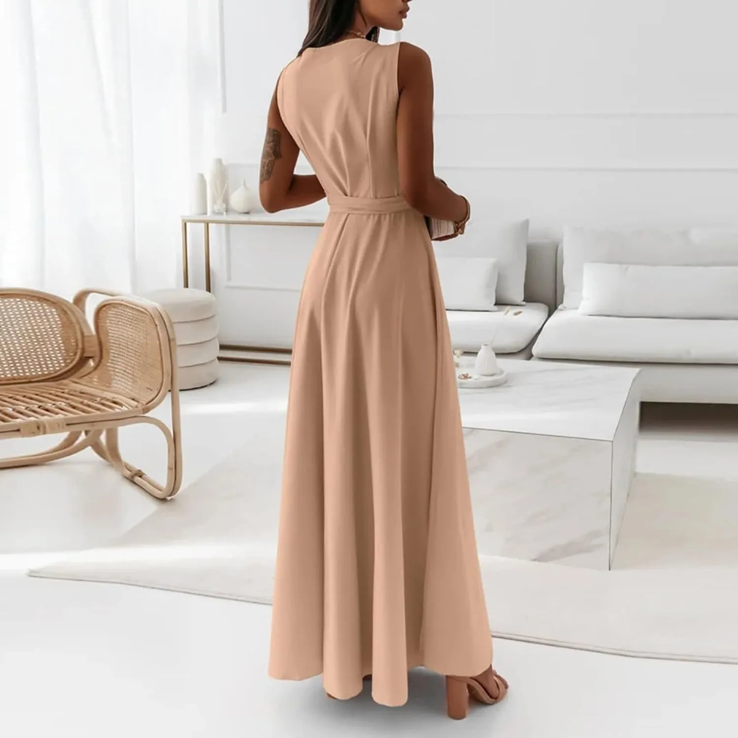 Women's Ruched Wrap V Neck Business Work Elegant Dress Sleeveless A Line Midi Ruched Church Dresses with Belt