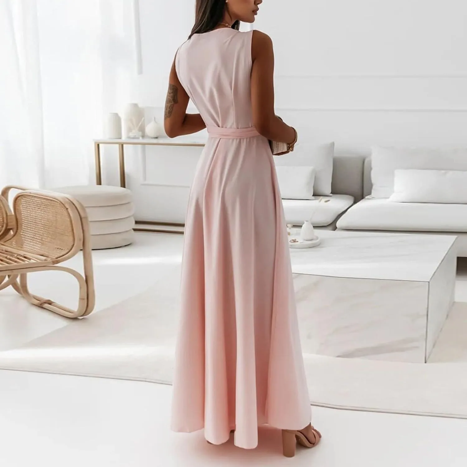 Women's Ruched Wrap V Neck Business Work Elegant Dress Sleeveless A Line Midi Ruched Church Dresses with Belt