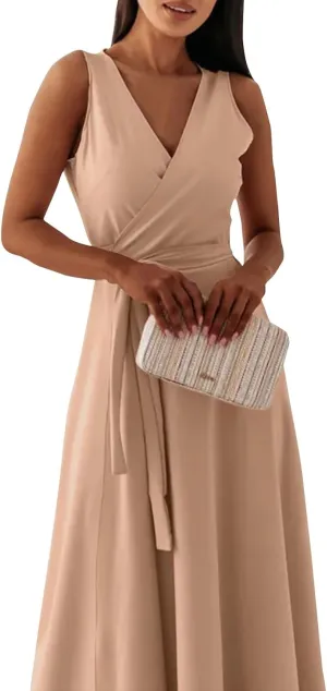 Women's Ruched Wrap V Neck Business Work Elegant Dress Sleeveless A Line Midi Ruched Church Dresses with Belt