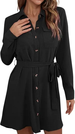 Womens Shirt Dresses Long Sleeve Collar Button Up Work Flowy A-Line Tie Waist Short Mini Dress with Pockets