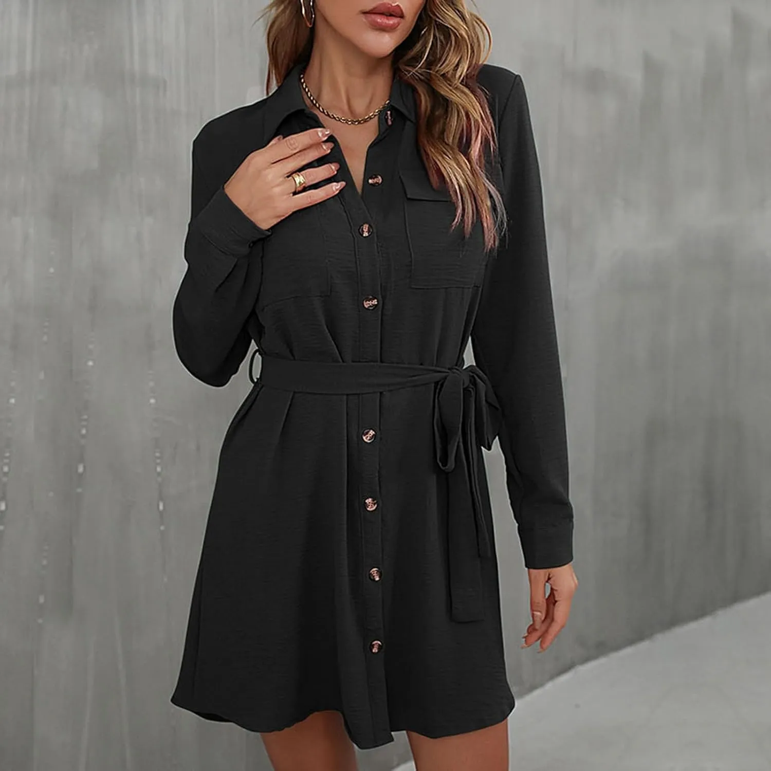 Womens Shirt Dresses Long Sleeve Collar Button Up Work Flowy A-Line Tie Waist Short Mini Dress with Pockets