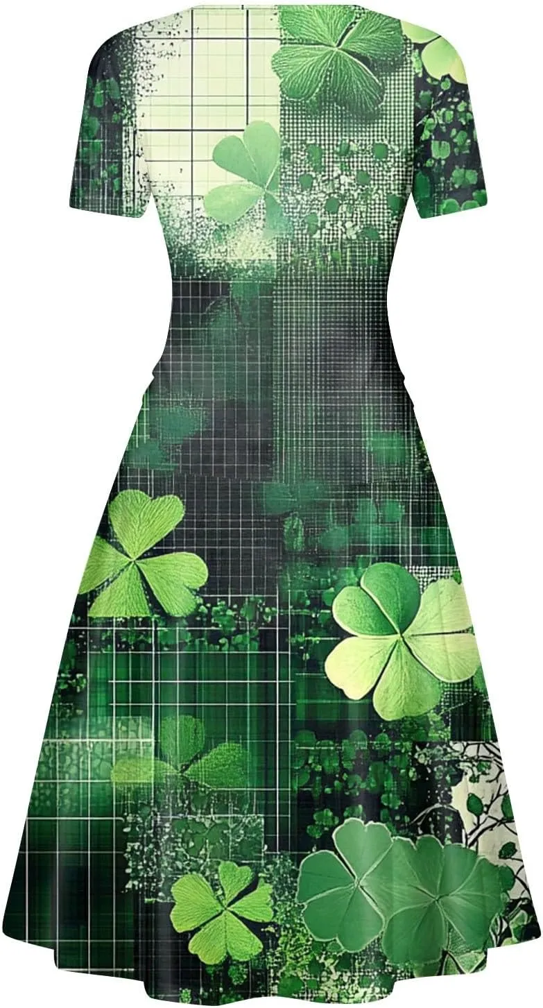 Women's Short Sleeve Loose Dress Comfy Slim V-Neck Daily Waisted Shirred Dressy Casual Shamrock Print Dresses
