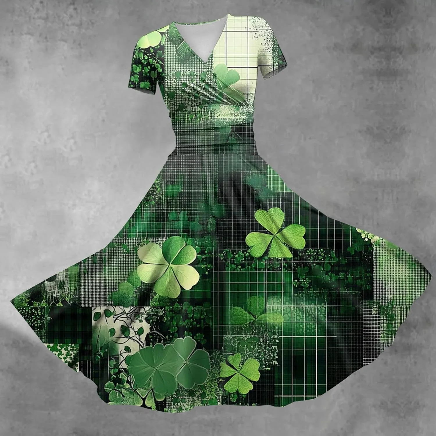 Women's Short Sleeve Loose Dress Comfy Slim V-Neck Daily Waisted Shirred Dressy Casual Shamrock Print Dresses