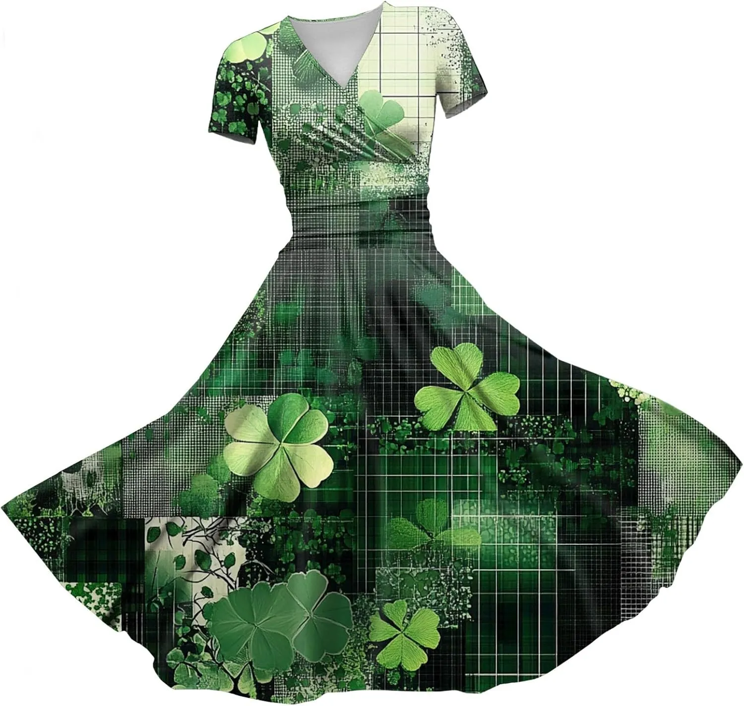 Women's Short Sleeve Loose Dress Comfy Slim V-Neck Daily Waisted Shirred Dressy Casual Shamrock Print Dresses