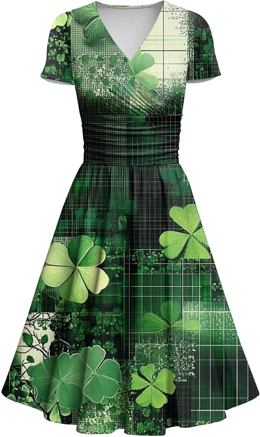 Women's Short Sleeve Loose Dress Comfy Slim V-Neck Daily Waisted Shirred Dressy Casual Shamrock Print Dresses