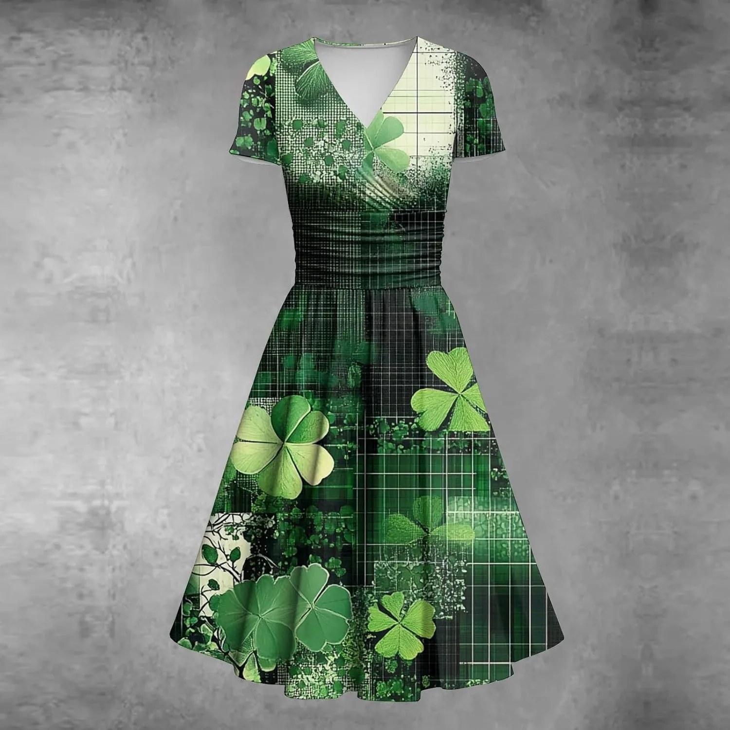 Women's Short Sleeve Loose Dress Comfy Slim V-Neck Daily Waisted Shirred Dressy Casual Shamrock Print Dresses