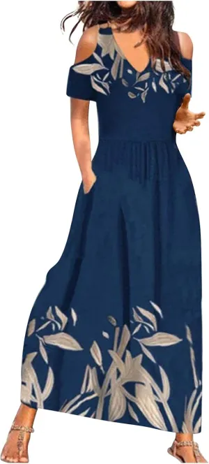Women's Short Sleeve Loose Plain Casual Long Maxi Dresses for Women V-Neck Slit Casual Travel T-Shirt Dress